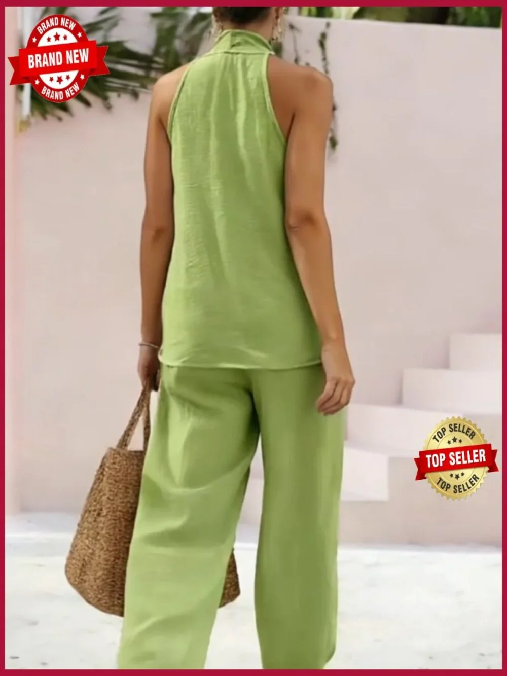 Sleeveless V Neck Halter Top Wide Leg Pants Summer Matching Lounge Set